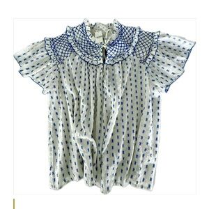 Anthropologie size small White Top with Blue Embroidered Smocked Collar